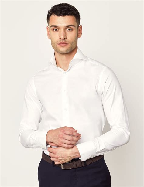 Shop affordable styles from mens shirts, jeans, coats to footwear and much more! Twill Slim Fit Shirt with Single Cuff in White | Hawes ...