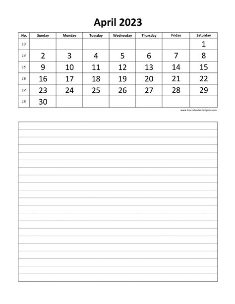 Printable 2023 April Calendar Grid Lines For Daily Notes Vertical