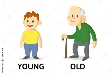 Vecteur Stock Words Young And Old Textcard With Cartoon Characters Opposite Adjectives