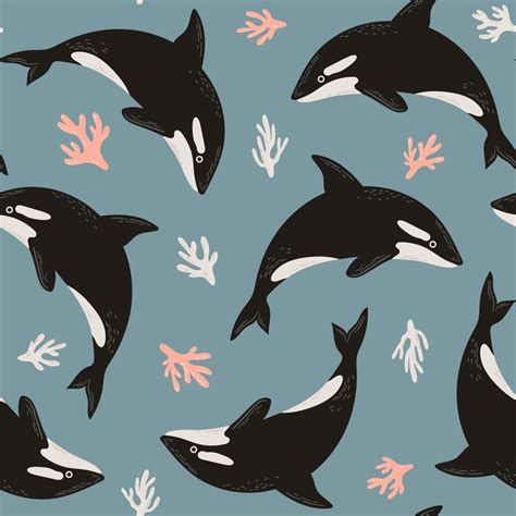 Seamless Cute Pattern Orca Or Killer Whale And Corals Undersea