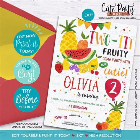 Instant Download Editable Tutti Frutti Invitation Two Tti Fruity