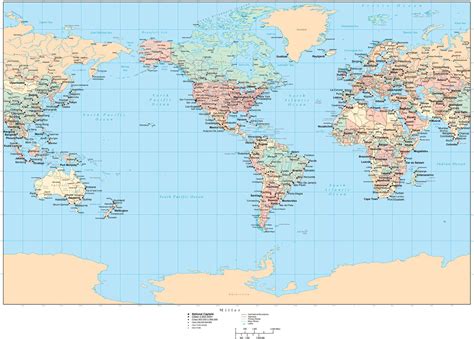 World Map Americas Centered Miller Projection