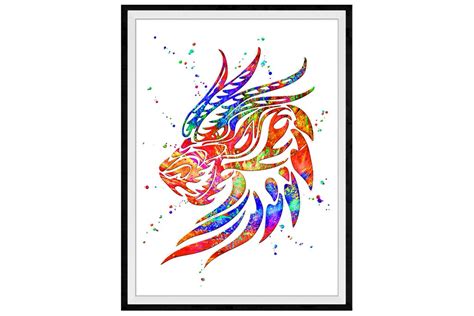 Dragon Vibrant Watercolor Stencil Painting Modern Art Print Etsy