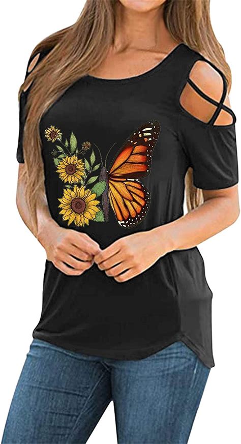Womens Tops Womens Fashion Summer Butterfly Strappy Cold Shoulder