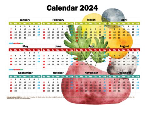 Printable Yearly 2024 Calendar With Holidays Premium Template 27471