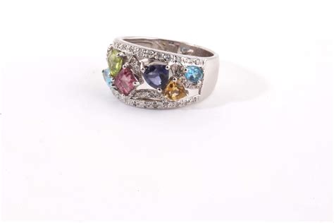 Multi Color Precious Gemstone And Diamond Ring In 14k White Gold