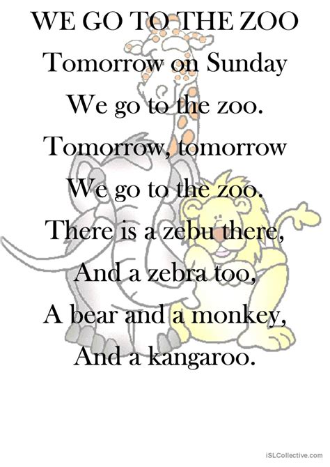 Poem We Go To The Zoo Warmer Fille English Esl Worksheets Pdf And Doc
