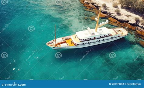 Luxury Yacht In Azure Seas Parked In A Beautiful Blue Bay Motorboat