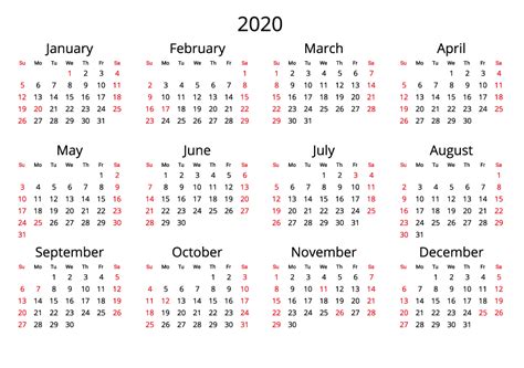 2020 Yearly Calendar Free Download  Format