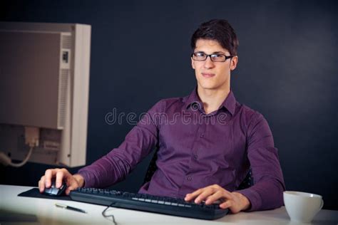 Nerd And His Computer Stock Image Image Of Horizontal 84995573