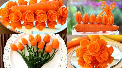 3 Amazing Carrot Garnishes Carrot Rose Flower Design Fruit