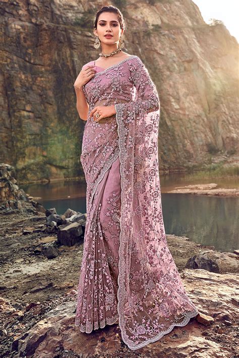 Buy Designer Mauve Embroidered Party Wear Saree Online Like A Diva