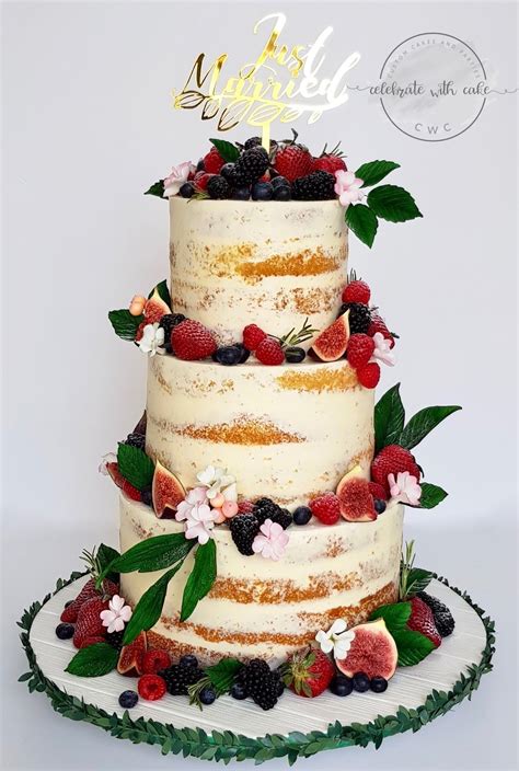 3 Tiers Naked Wedding Cake With Foliage And Fresh Berries Cake