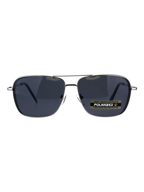 polarized mens rectangular pilots officer metal rim sunglasses silver black