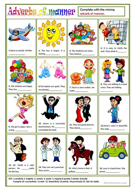 Adverbs of manner are really useful because they let us add a lot of extra details to descriptions, to make what we say more interesting and dynamic to adverbs of manner help us give a lot of detail to actions and can make us much more expressive. ADVERBS OF MANNER worksheet - Free ESL printable ...