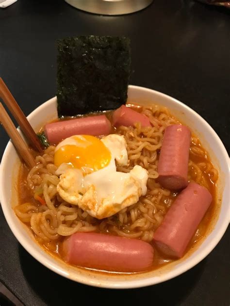 Prepackaged Ramen With Vienna Sausages Seaweed An Egg And Vienna