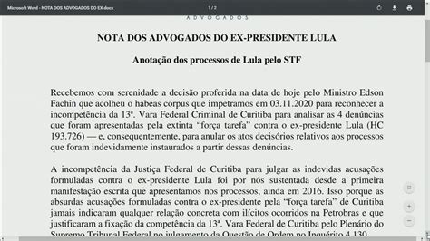 Defesa De Lula Apresenta Nota Oficial Ap S Decis O Do Ministro Edson