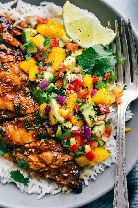 Mango guacamole 1 mango, peeled and diced 1/2 red bell pepper, diced 1/2 white onion, diced 5 medium sized avocados, peeled, seeded and mashed 1/4. Cilantro-Lime Chicken with a Mango Avocado Salsa | Chelsea ...
