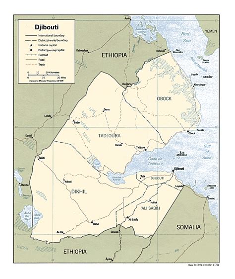 Republique de djibouti (jumhuriyat jibuti), former french territory of the afars and issas. Detailed political and administrative map of Djibouti with roads, railroads and major cities ...
