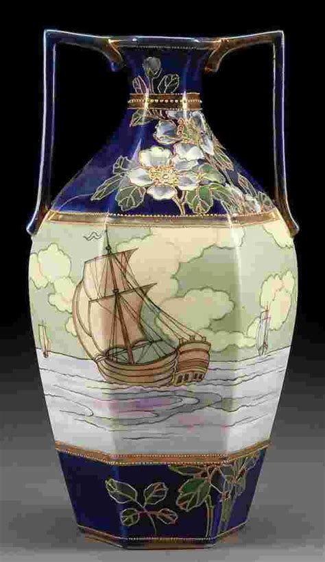 A Hand Painted Nippon Cobalt Scenic Vase Early 20th Century With Ships
