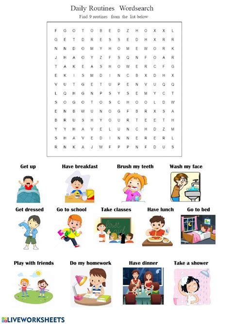Daily Routines Wordsearch Worksheet Live Worksheets