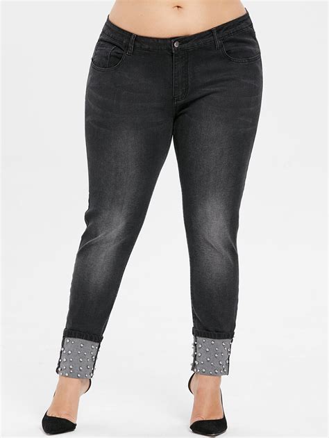 Wipalo Plus Size 5xl Beaded Cuffed Jeans Pants High Waist Stretch Jeans Female Denim Skinny