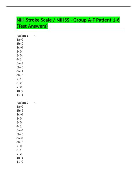 Nih Stroke Scale Nihss Group A F Patient 1 6 Test Answers Nih