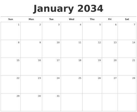 January 2034 Blank Monthly Calendar