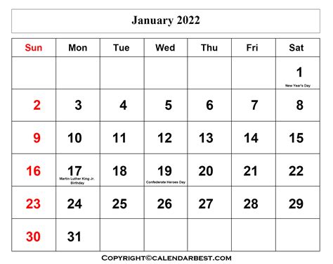 January 2022 Printable Calendar With Holidays Printable Word Searches