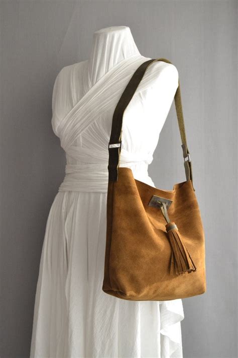 Caramel Brown Suede Tote Suede Bag Leather Handle Tabacco Etsy
