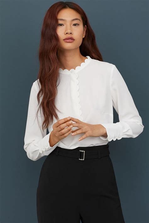 scalloped edge blouse white ladies handm us blouses for women kpop fashion outfits
