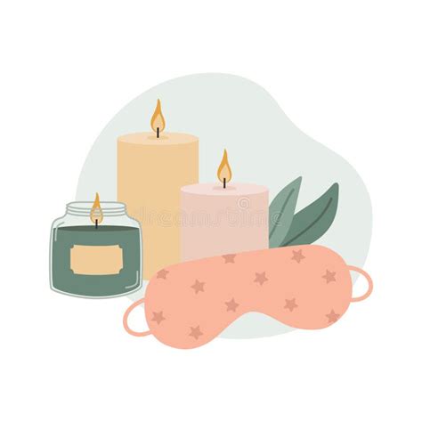 set of burning candles and sleeping mask doodle style stock vector illustration of glass