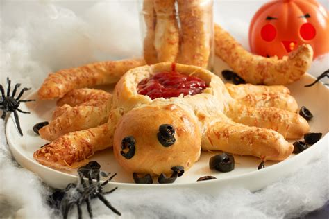 Halloween Pizza Dough Spider With Hairy Leg Sticks And Tomato Dip