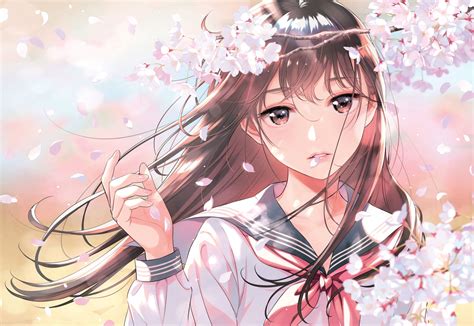 Brown Eyes Brown Hair Cherry Blossoms Close Cropped Flowers Long Hair
