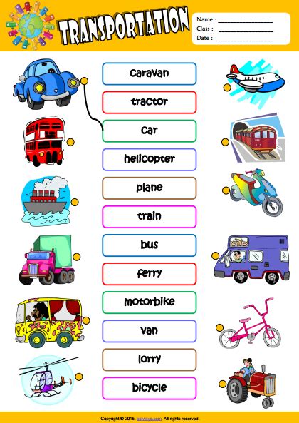 Transportation Esl Vocabulary Matching Exercise Worksheet For Kids