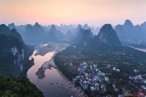 Sunset Over Li River And Karst Peaks China Royalty Free Image