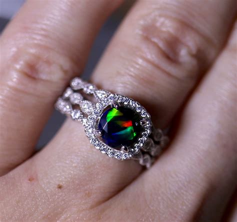 Black Opal Halo Ring Opal Bridal Set Halo Engagement Ring Cushion