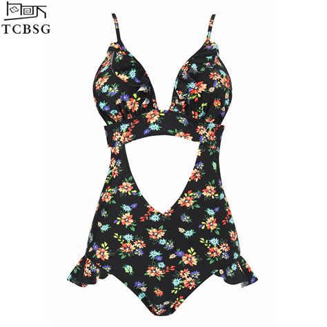 Tcbsg Plus Size One Piece Swimsuit Women 2019 New Sexy Floral Falbala Monokini Ruffle Solid