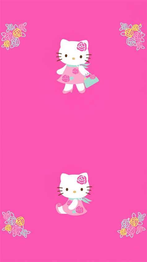 pink hello kitty wallpaper with flowers and hearts on the bottom right hand corner