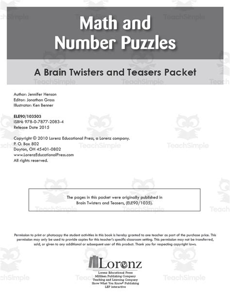Math And Number Puzzles A Brain Twisters And Teasers Packet By Teach