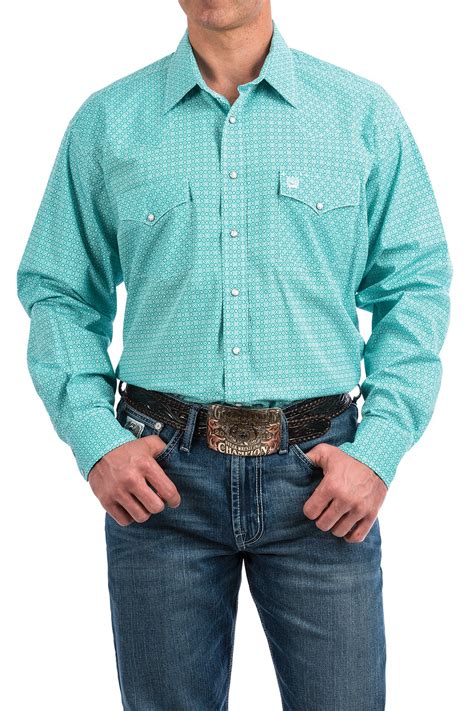 Cinch Jeans Mens Turquoise And White Print Snap Front Western Shirt