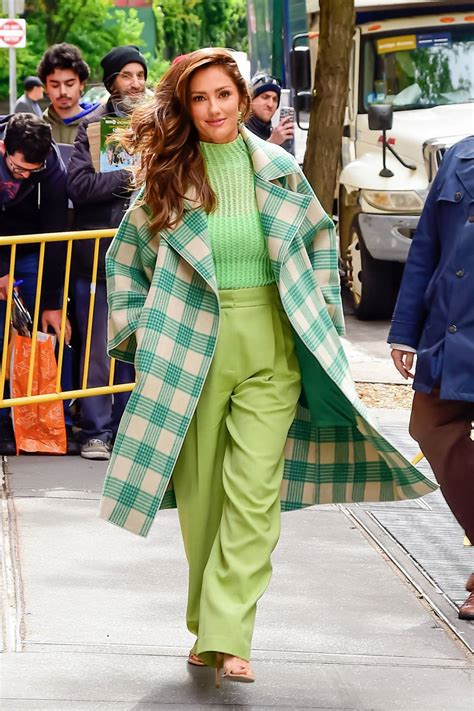 minka kelly looks radiant in all green ensemble while visiting the view to promote her new