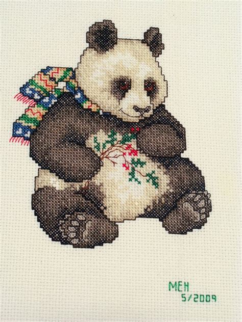 Cross Stitch Panda Bear With Holly