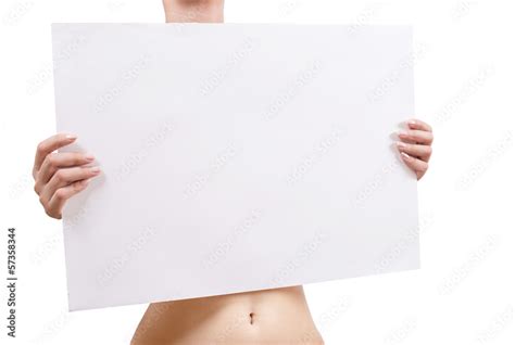 Naked Woman Holding Empty White Blank Board Frases