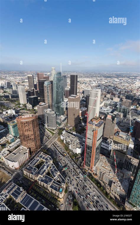 Aerial View Of Downtown Los Angeles Towers And The Harbor 110 Freeway