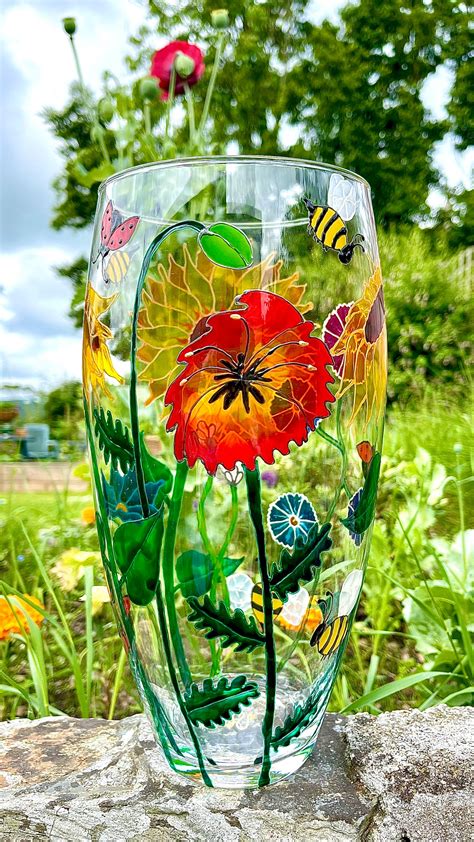 Large Hand Painted Glass Flower Vase Etsy