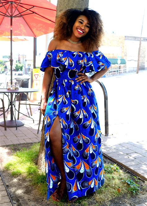 abiola african print off the shoulder ruffle maxi dress blue orange peacock feathers