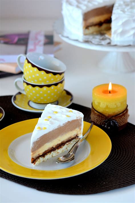 A Slice Of Cake On A Yellow Plate With A Fork And Cup Next To It