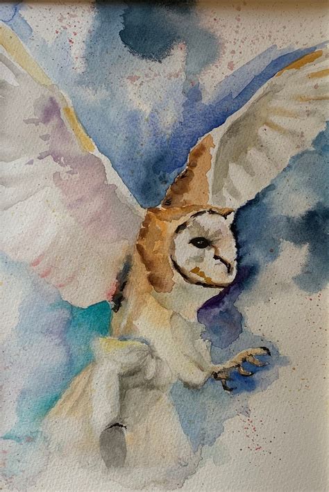 Original Watercolour Painting Of Owl In Flight Etsy
