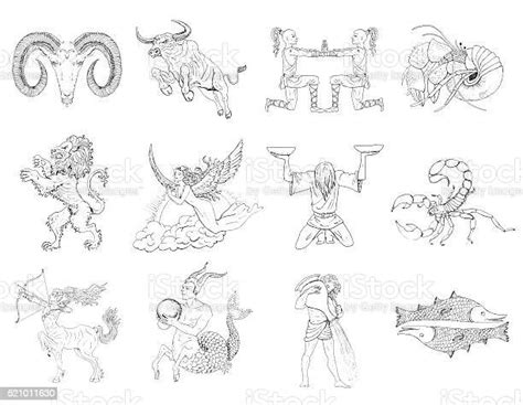Set Of Twelve Hand Drawn Zodiac Signs Stock Illustration Download Image Now Aquarius